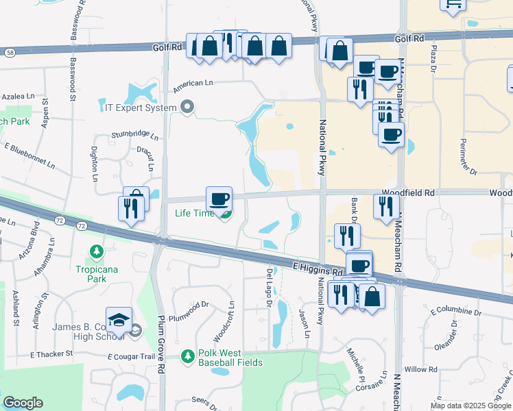 map of restaurants, bars, coffee shops, grocery stores, and more near 1051 Woodfield Road in Schaumburg