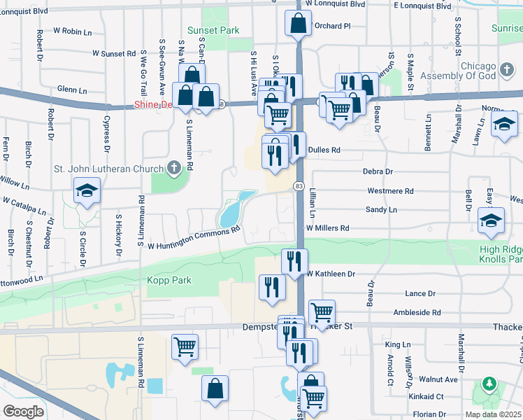 map of restaurants, bars, coffee shops, grocery stores, and more near 1380 Elmhurst Road in Mount Prospect