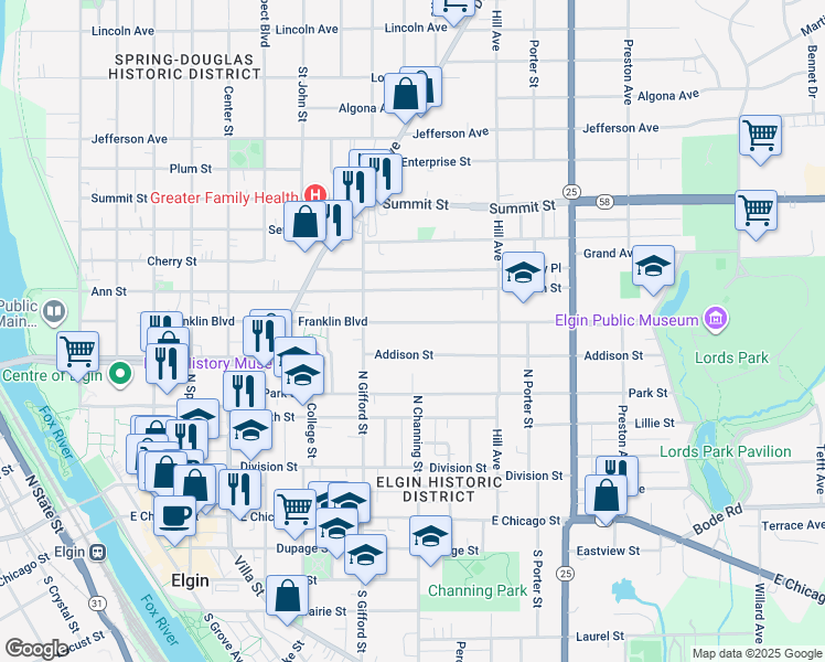map of restaurants, bars, coffee shops, grocery stores, and more near 442 Addison Street in Elgin