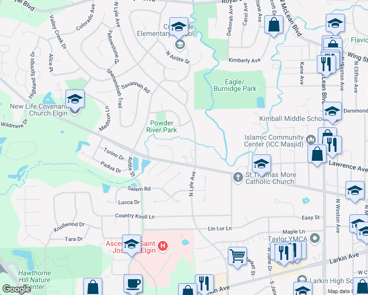 map of restaurants, bars, coffee shops, grocery stores, and more near 1860 West Highland Avenue in Elgin