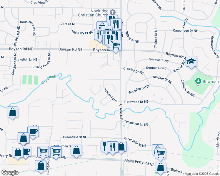 map of restaurants, bars, coffee shops, grocery stores, and more near 410 Ashton Place Northeast in Cedar Rapids