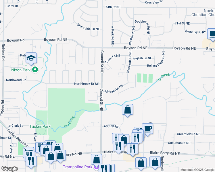 map of restaurants, bars, coffee shops, grocery stores, and more near 1502-1618 A'Hearn Drive Northeast in Cedar Rapids