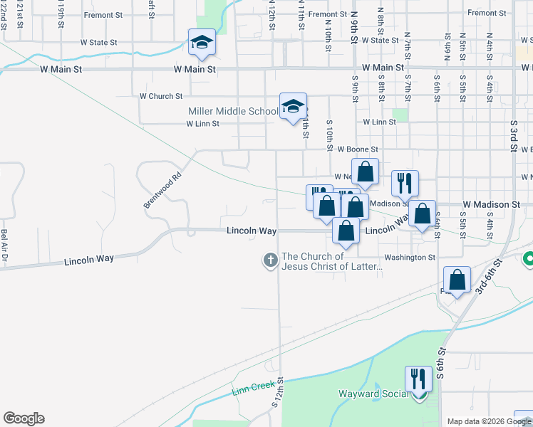map of restaurants, bars, coffee shops, grocery stores, and more near 1201-1433 Lincoln Way in Marshalltown