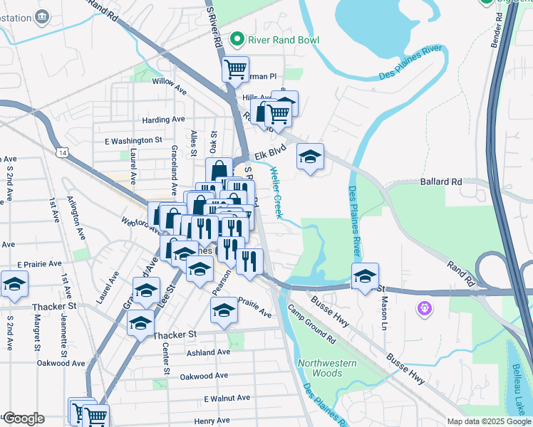 map of restaurants, bars, coffee shops, grocery stores, and more near 595 South River Road in Des Plaines