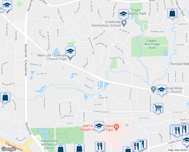 map of restaurants, bars, coffee shops, grocery stores, and more near 2205 West Highland Avenue in Elgin