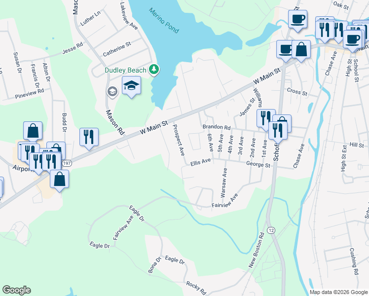 map of restaurants, bars, coffee shops, grocery stores, and more near 34 Prospect Avenue in Dudley