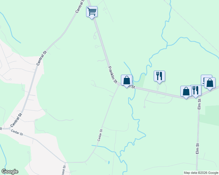 map of restaurants, bars, coffee shops, grocery stores, and more near 121 Franklin Street in Hanson