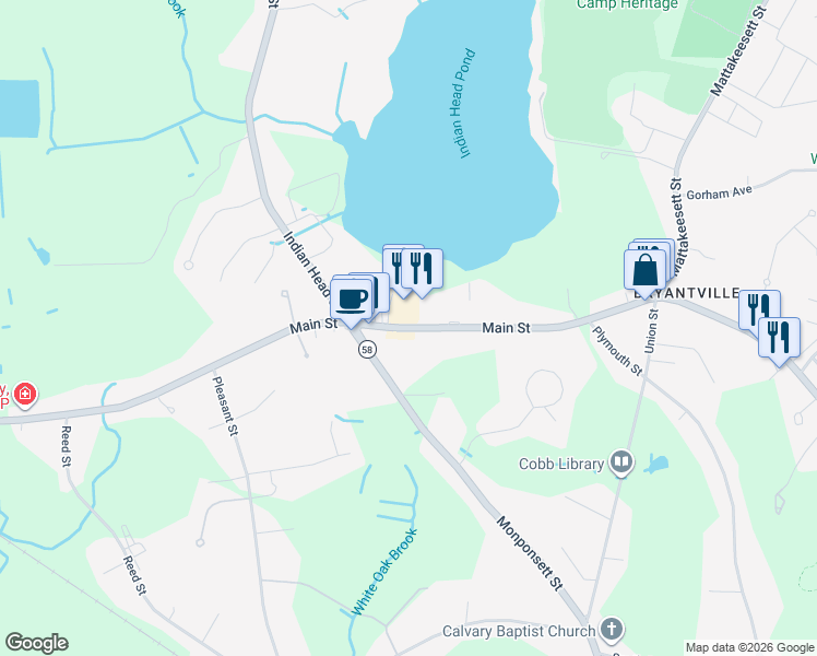 map of restaurants, bars, coffee shops, grocery stores, and more near 252 Main Street in Hanson