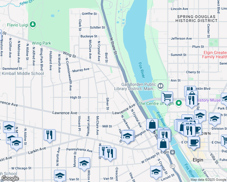 map of restaurants, bars, coffee shops, grocery stores, and more near 374 North Crystal Avenue in Elgin