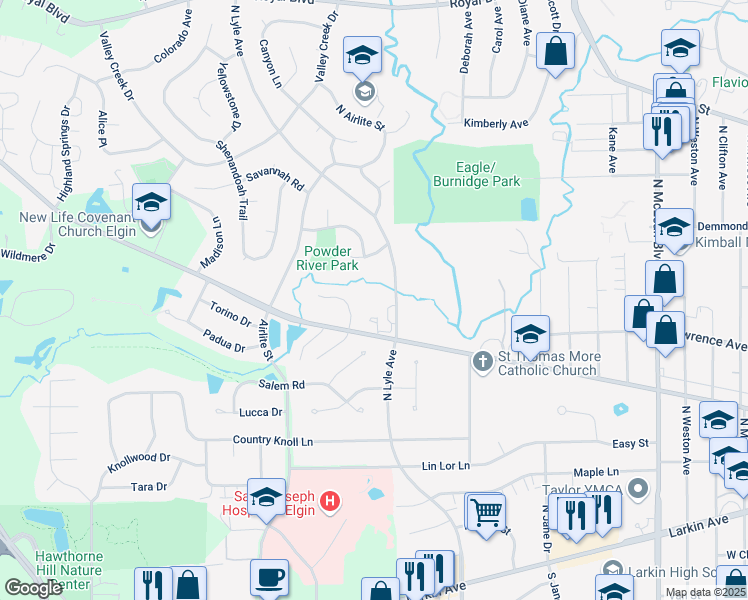 map of restaurants, bars, coffee shops, grocery stores, and more near 1860 West Highland Avenue in Elgin
