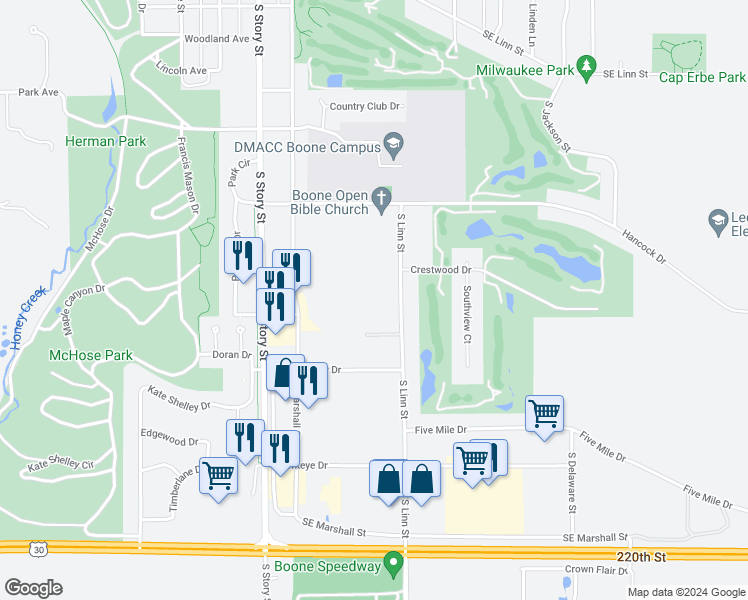 map of restaurants, bars, coffee shops, grocery stores, and more near 1221 South Linn Street in Boone