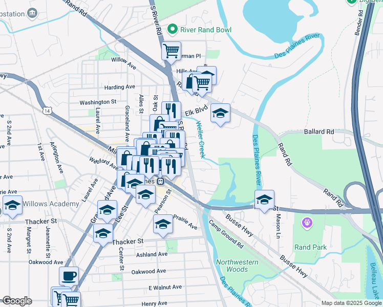 map of restaurants, bars, coffee shops, grocery stores, and more near 595 South Des Plaines River Road in Des Plaines