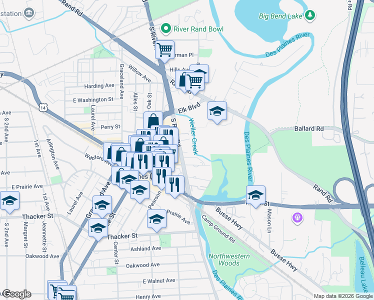map of restaurants, bars, coffee shops, grocery stores, and more near 595 South Des Plaines River Road in Des Plaines