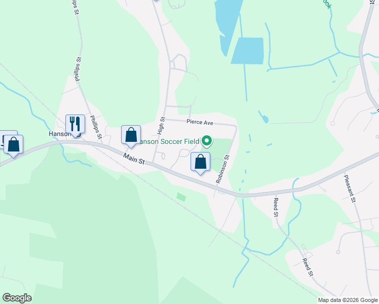 map of restaurants, bars, coffee shops, grocery stores, and more near 858 Main Street in Hanson