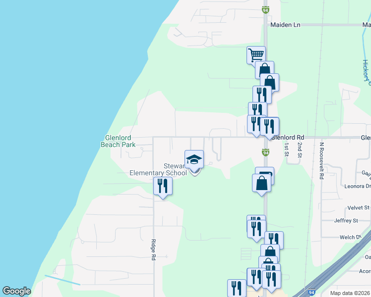 map of restaurants, bars, coffee shops, grocery stores, and more near 4174 Maple Lane in Stevensville