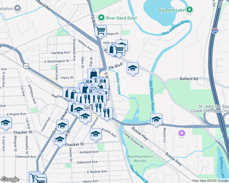 map of restaurants, bars, coffee shops, grocery stores, and more near 1646 River Street in Des Plaines