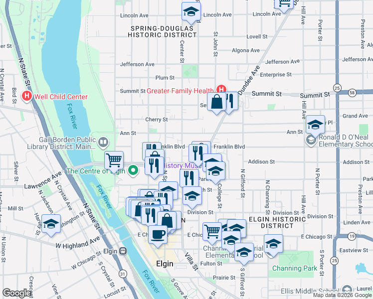 map of restaurants, bars, coffee shops, grocery stores, and more near 251 Center Street in Elgin