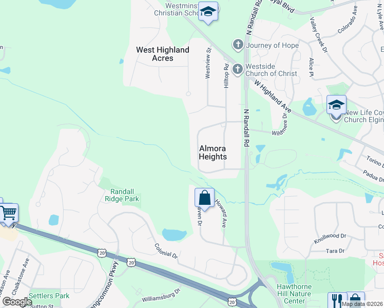 map of restaurants, bars, coffee shops, grocery stores, and more near 11N918 Almora Terrace in Elgin