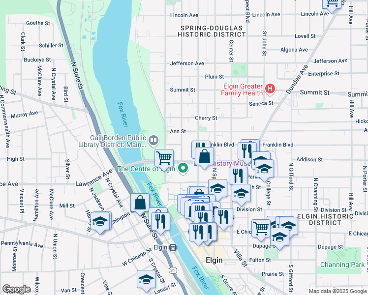 map of restaurants, bars, coffee shops, grocery stores, and more near 275 Brook Street in Elgin