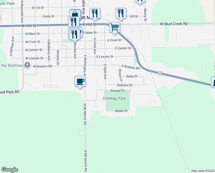 map of restaurants, bars, coffee shops, grocery stores, and more near 503 South Ogle Avenue in Mount Morris
