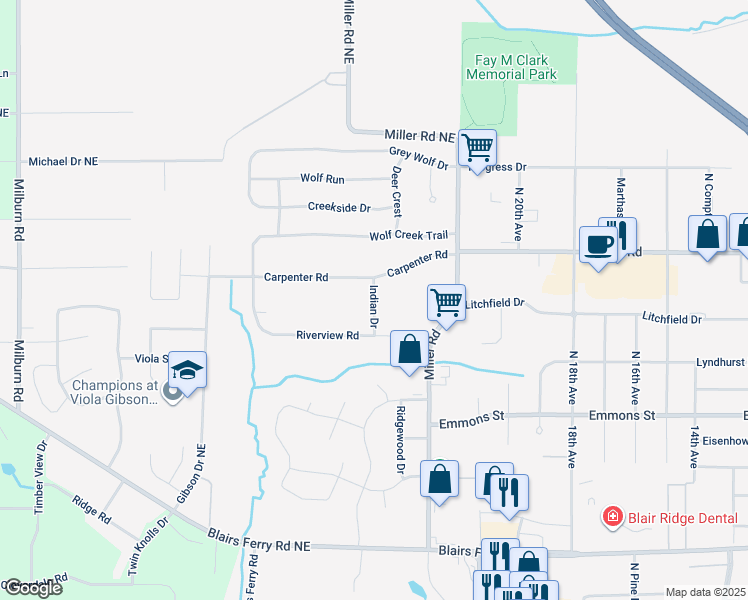 map of restaurants, bars, coffee shops, grocery stores, and more near Indian Drive in Cedar Rapids
