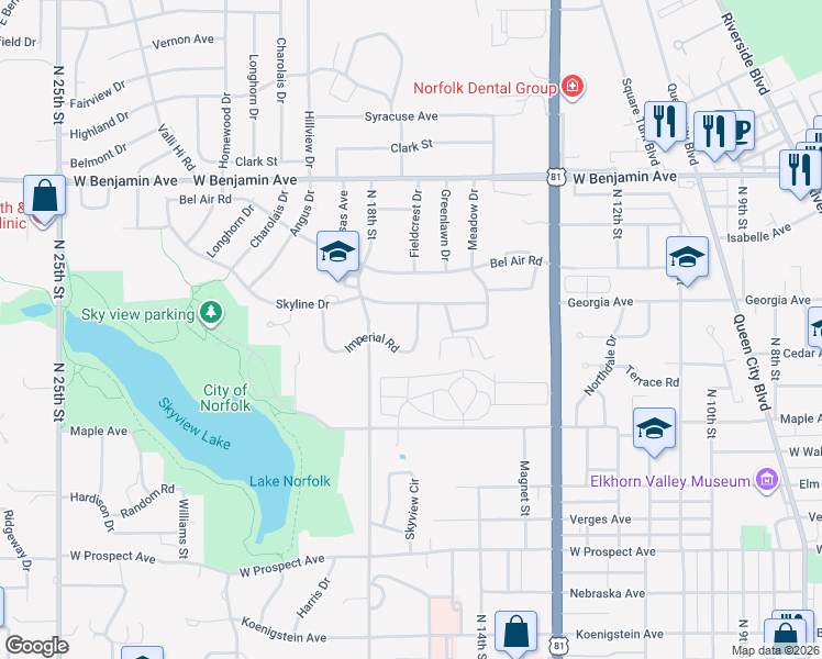 map of restaurants, bars, coffee shops, grocery stores, and more near 1706 Imperial Road in Norfolk