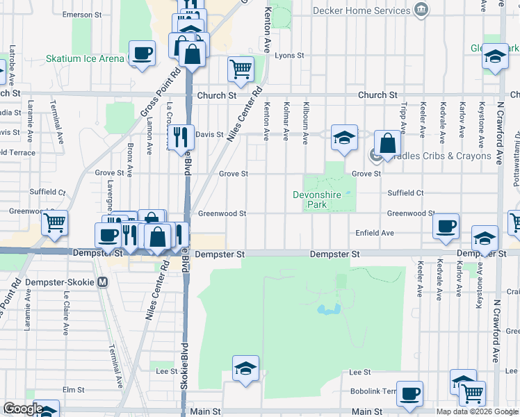map of restaurants, bars, coffee shops, grocery stores, and more near 8934 Kenton Avenue in Skokie
