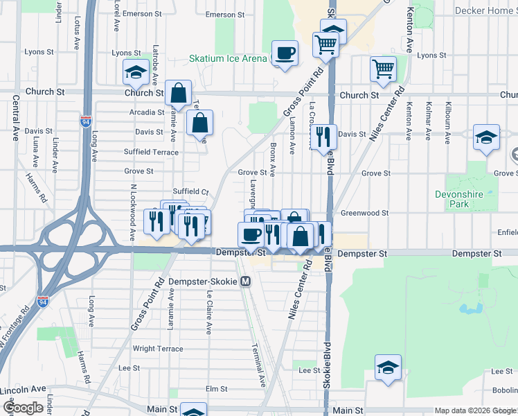 map of restaurants, bars, coffee shops, grocery stores, and more near 4950 Greenwood Street in Skokie
