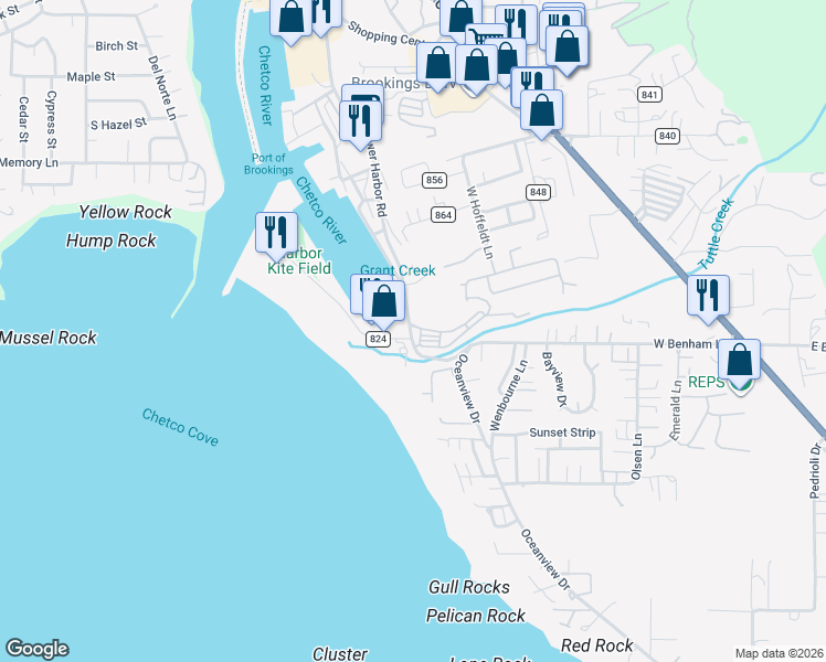 map of restaurants, bars, coffee shops, grocery stores, and more near 16045 Lower Harbor Road in Brookings