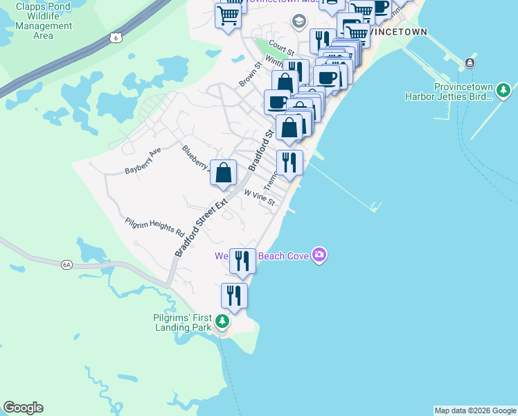 map of restaurants, bars, coffee shops, grocery stores, and more near 26 Tremont Street in Provincetown
