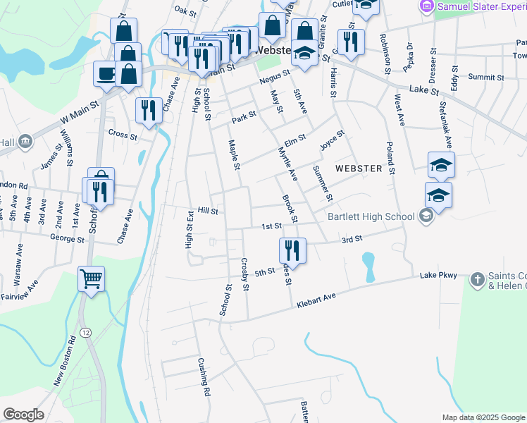 map of restaurants, bars, coffee shops, grocery stores, and more near 17R Valley Street in Webster