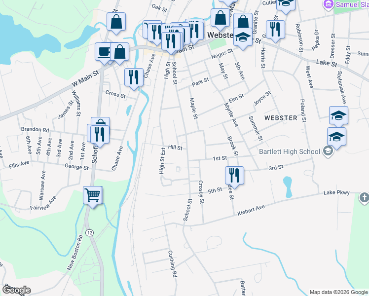 map of restaurants, bars, coffee shops, grocery stores, and more near 405 School Street in Webster