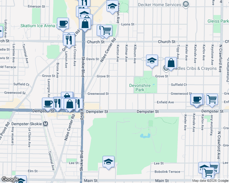 map of restaurants, bars, coffee shops, grocery stores, and more near 8934 Kenton Avenue in Skokie