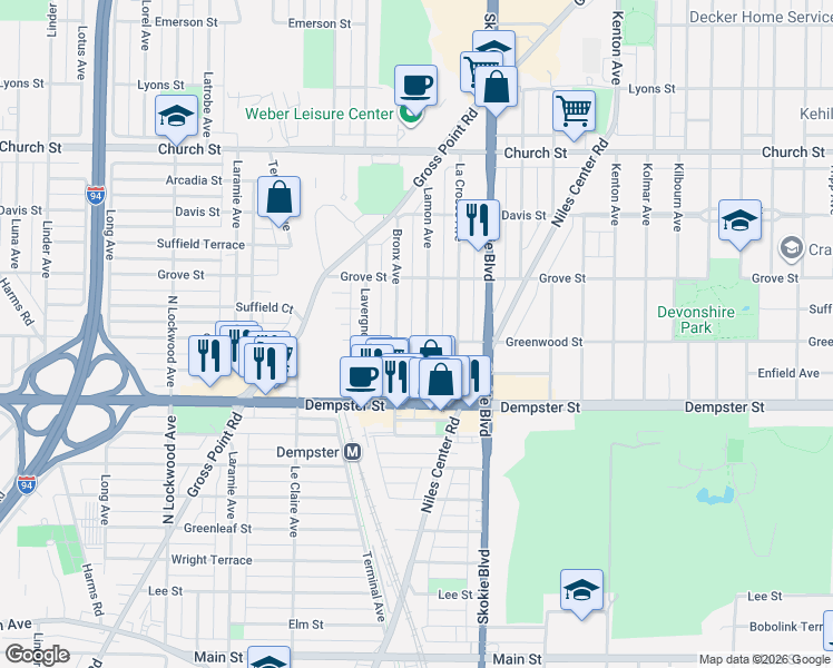 map of restaurants, bars, coffee shops, grocery stores, and more near 8931 Bronx Avenue in Skokie