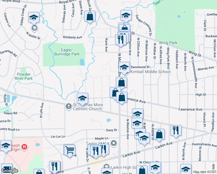 map of restaurants, bars, coffee shops, grocery stores, and more near 385 Triggs Avenue in Elgin