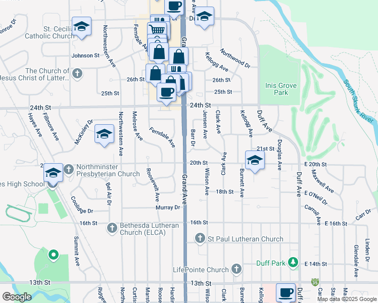 map of restaurants, bars, coffee shops, grocery stores, and more near 2112 Barr Drive in Ames
