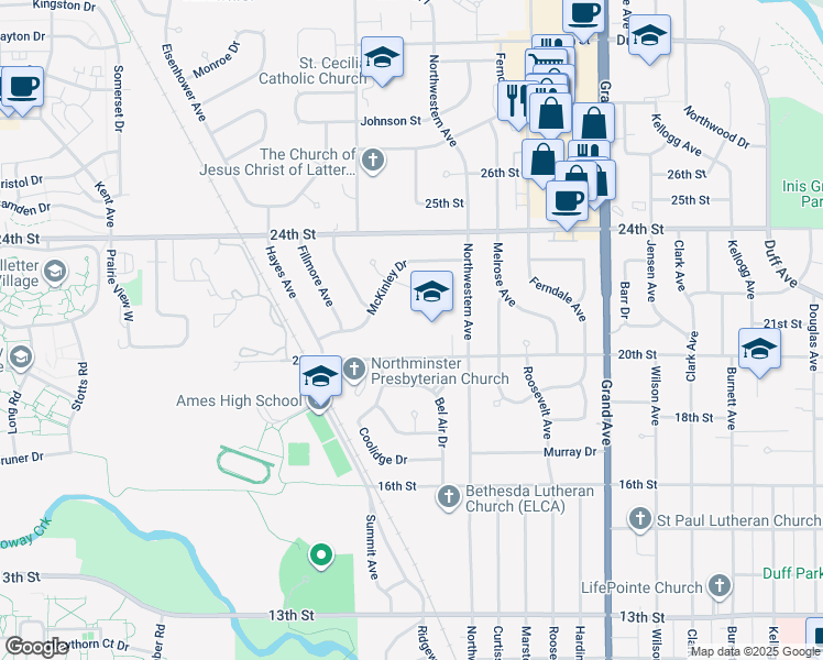 map of restaurants, bars, coffee shops, grocery stores, and more near 1400 McKinley Drive in Ames