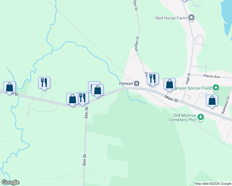 map of restaurants, bars, coffee shops, grocery stores, and more near 1211 Main Street in Hanson