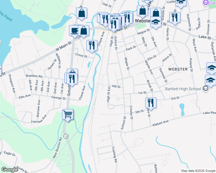 map of restaurants, bars, coffee shops, grocery stores, and more near 7 Carter Street in Webster