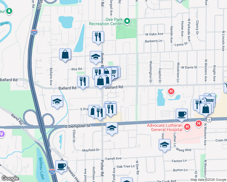map of restaurants, bars, coffee shops, grocery stores, and more near 9355 Landings Lane in Des Plaines