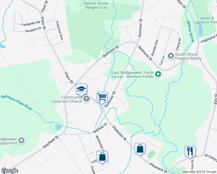 map of restaurants, bars, coffee shops, grocery stores, and more near 100 Summer Street in East Bridgewater