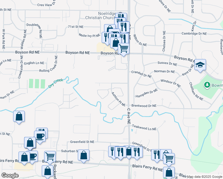 map of restaurants, bars, coffee shops, grocery stores, and more near 571 Ashton Place Northeast in Cedar Rapids