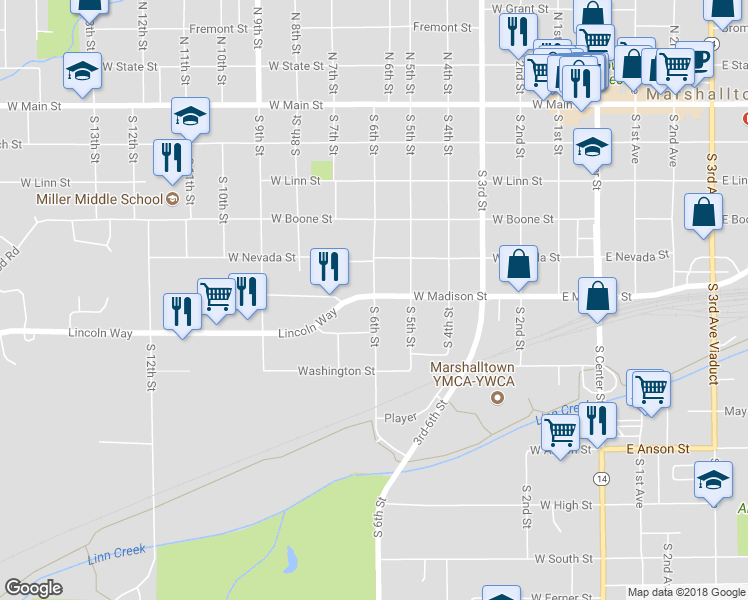 map of restaurants, bars, coffee shops, grocery stores, and more near 512 South 6th Street in Marshalltown