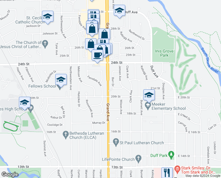map of restaurants, bars, coffee shops, grocery stores, and more near 2006 Grand Avenue in Ames