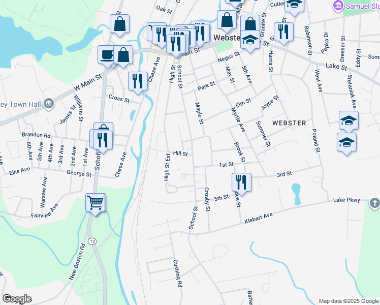 map of restaurants, bars, coffee shops, grocery stores, and more near 405 School Street in Webster