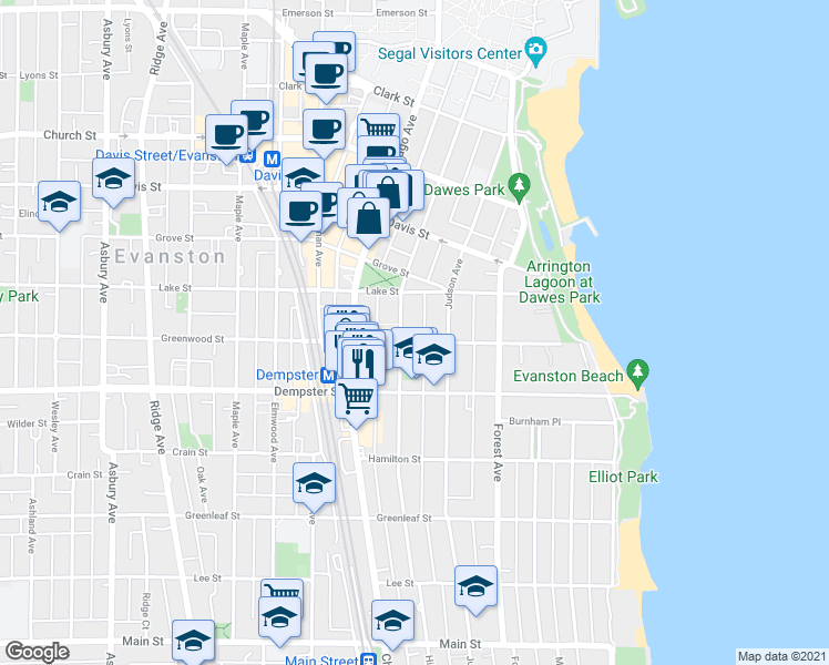 map of restaurants, bars, coffee shops, grocery stores, and more near 1423 Hinman Avenue in Evanston