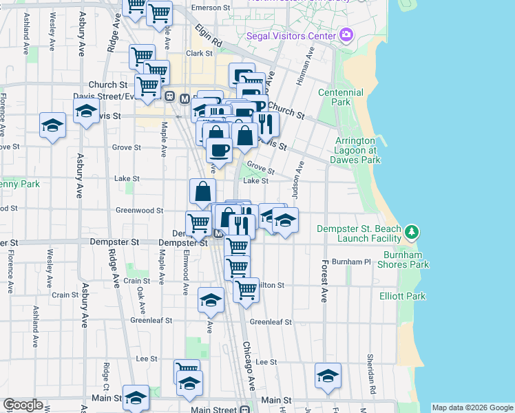 map of restaurants, bars, coffee shops, grocery stores, and more near 1416 Hinman Avenue in Evanston