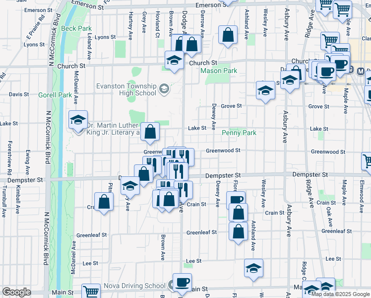 map of restaurants, bars, coffee shops, grocery stores, and more near 1417 Dodge Avenue in Evanston
