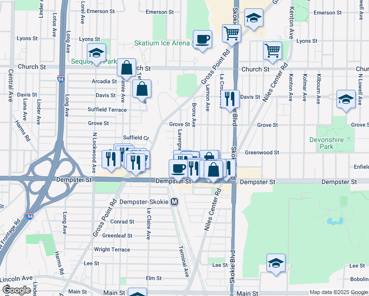 map of restaurants, bars, coffee shops, grocery stores, and more near 8927 Lavergne Avenue in Skokie