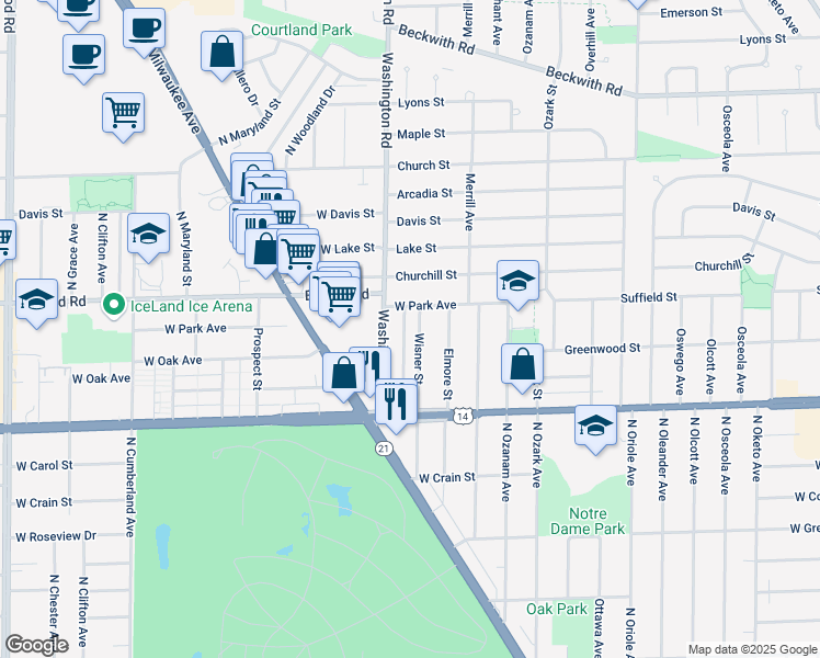 map of restaurants, bars, coffee shops, grocery stores, and more near 8944 North Wisner Street in Niles